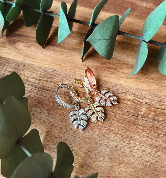 Gold, Rose Gold, and Silver Monstera Leaf Cubic Zirconia Earrings